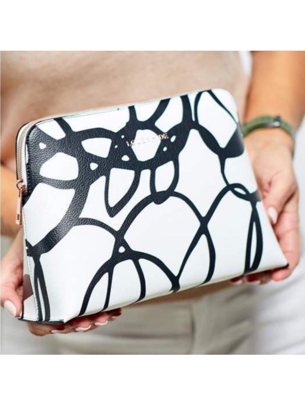 LOUENHIDE Bardot Swirl Case cream black rose gold tone hardware interior lined